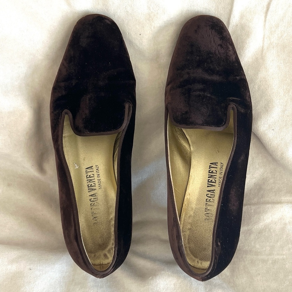 VTG Bottega Veneta Sz 7.B Brown Velvet Classic Low Block Heel